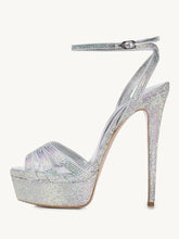 Silver Rhinestone Platform Stiletto Heeled Sandals With Round Toe Ankle Strap